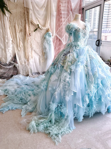 Exquisite Romantic Blue Floral A Line Beaded Lace Tulle Prom Dress Party Dress HZ1023